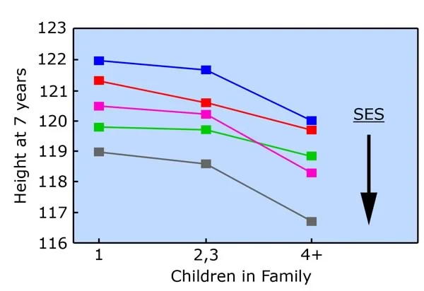 Height by socio-economic status and family size: Higher SES level and fewer children in the family are associated with better growth.