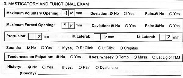 Image 1, functional data record: Findings from the evaluation of jaw function = no problem.