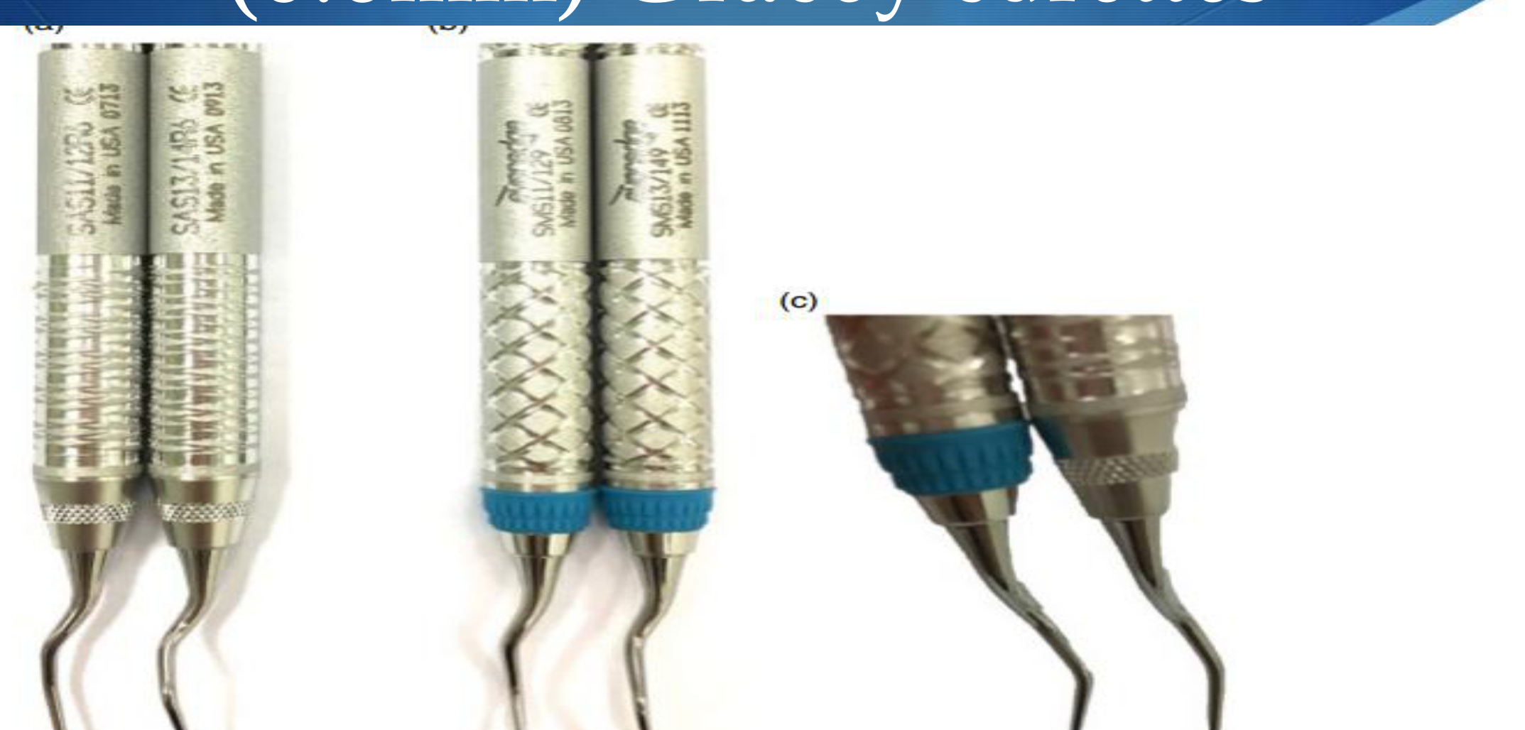 Figure 3.2 (a) Mini Five® Gracey curettes #11/12 and #13/14 with blade width of 0.76 mm; (b) Micro Mini Five® Gracey curettes #11/12 and #13/14 with blade width of 0.6 mm; (c) difference in the blade widths of the Micro Mini Five Gracey curette #11/12 (left) and Mini Five Gracey curette #11/12 (right).