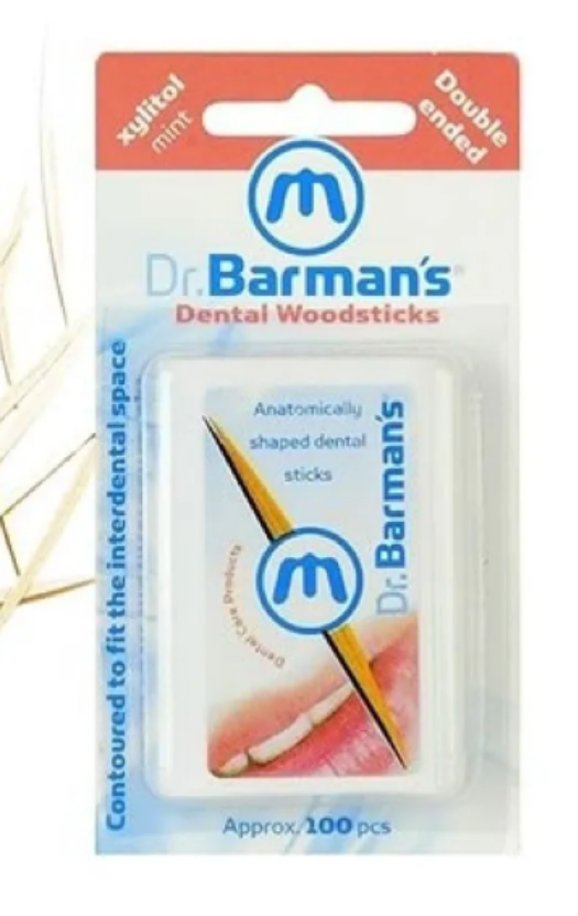 Dr. Barman's Dental Woodsticks packaging showing anatomically shaped sticks and xylitol mint flavor.
