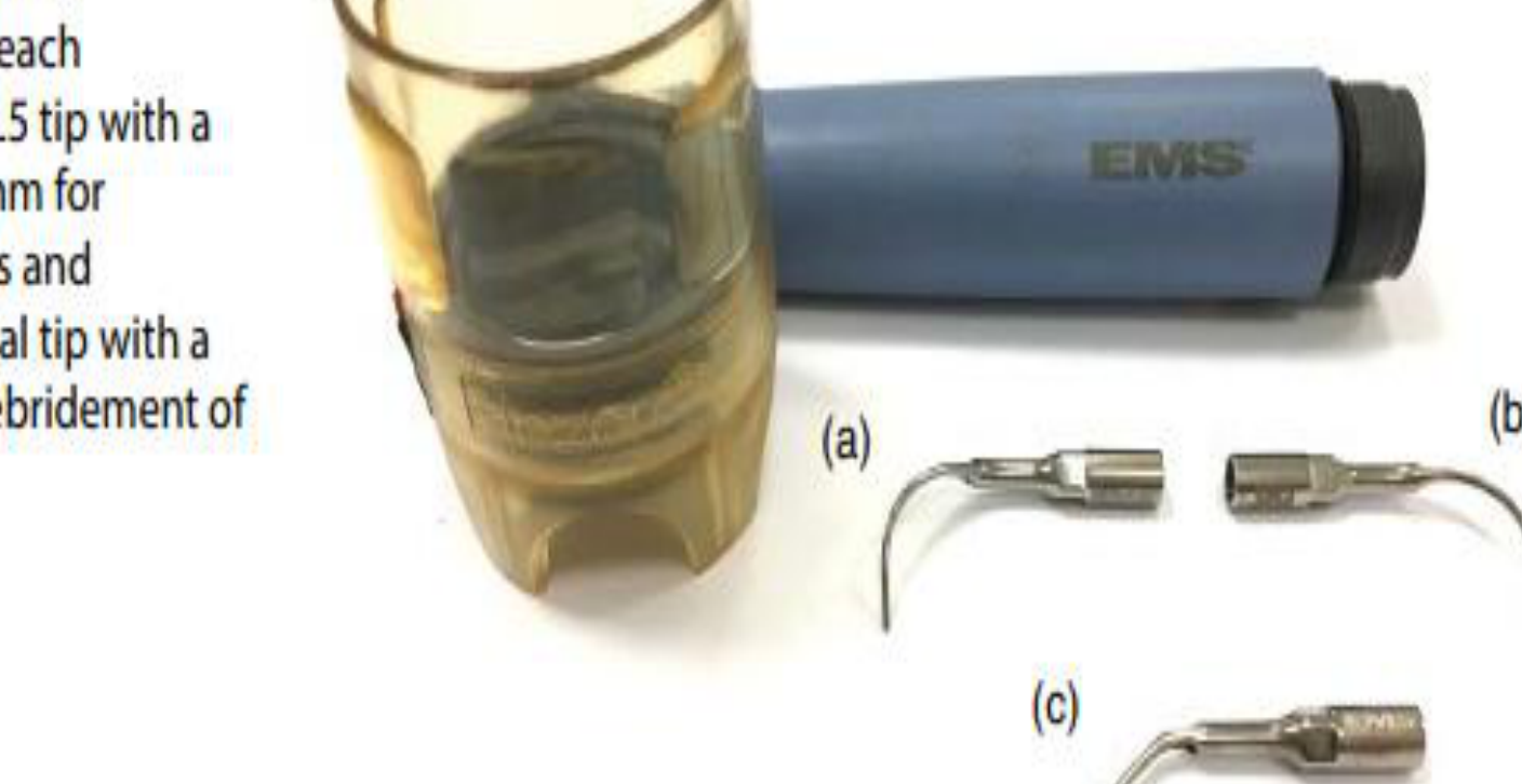 Figure 3.4 EMS Piezon® Master ultrasonic scaler and tips: (a) PL1 tip with a diameter of 0.5 mm for debridement of hard-to-reach interproximal areas; (b) PL5 tip with a ball end of diameter 0.8 mm for debridement of furcations and concavities; (c) PS universal tip with a diameter of 0.6 mm for debridement of deep pockets.