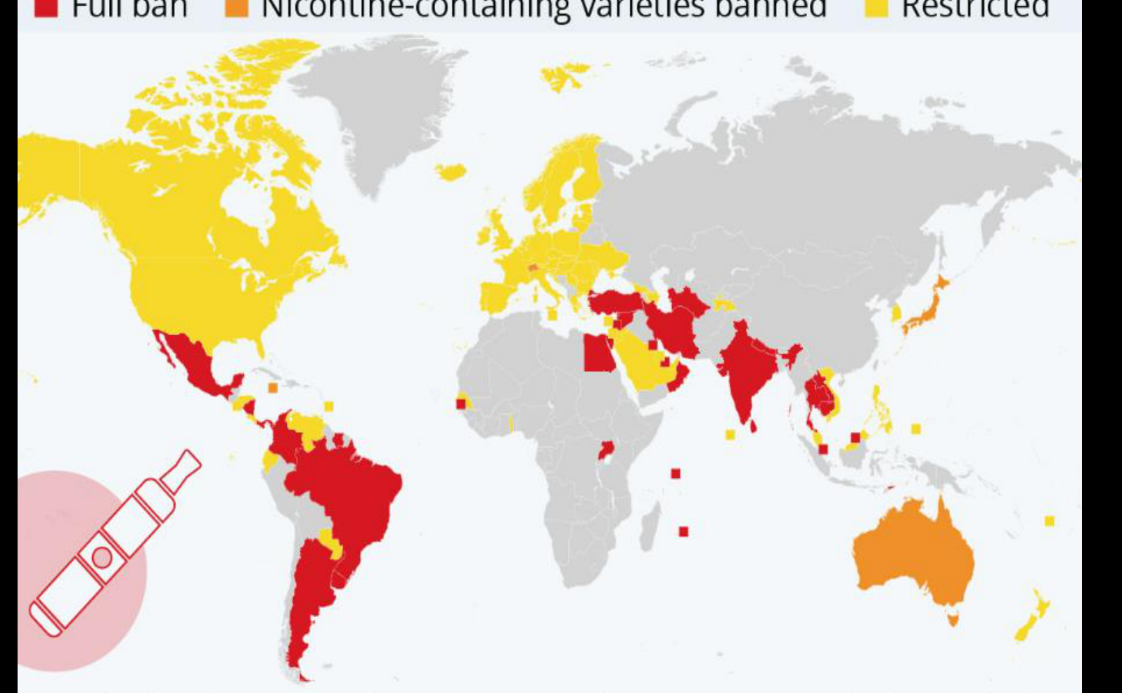 Where E-Cigarettes Are Banned. Laws banning or restricting the sale, use or marketing of e-cigarettes and vapes (2021). Full ban: Red. Nicotine-containing varieties banned: Orange. Restricted: Yellow.
