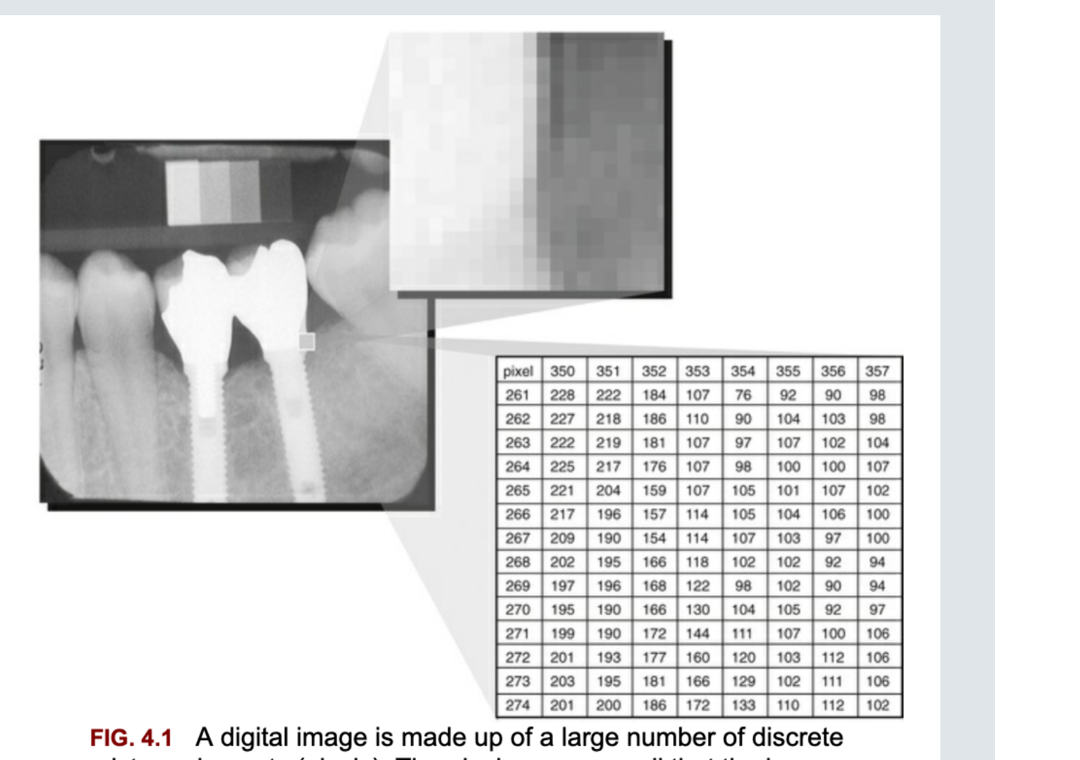 FIG. 4.1 A digital image is made up of a large number of discrete picture elements (pixels). The pixels are so small that the image appears smooth at normal magnification. The location of each pixel is uniquely identified by row and column coordinates within the image matrix. The value assigned to a pixel represents the intensity (gray level) of the image at that location.