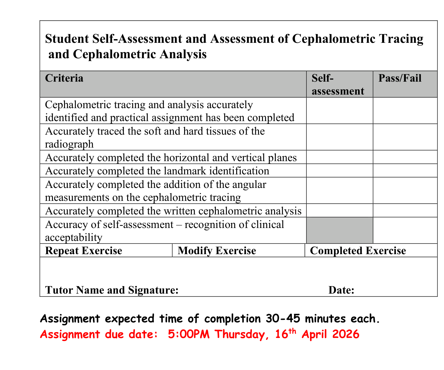 Student Self-Assessment and Assessment of Cephalometric Tracing and Cephalometric Analysis