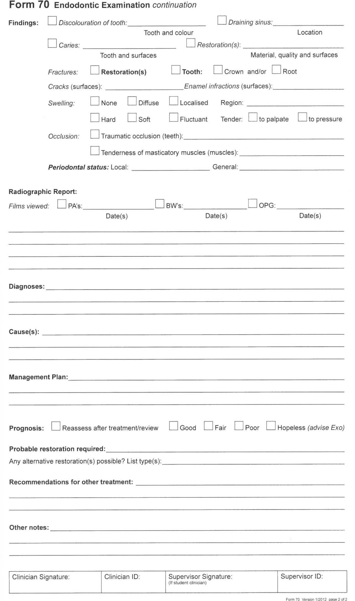Form 70 Endodontic Examination continuation